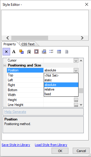 Positioning and size in Style Editor